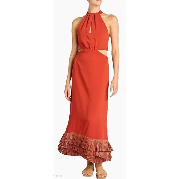 Johanna Ortiz Cut Out & Fringe-Hem Midi-Dress in Ankara Red NWT Size 4 - Picture 3 of 15